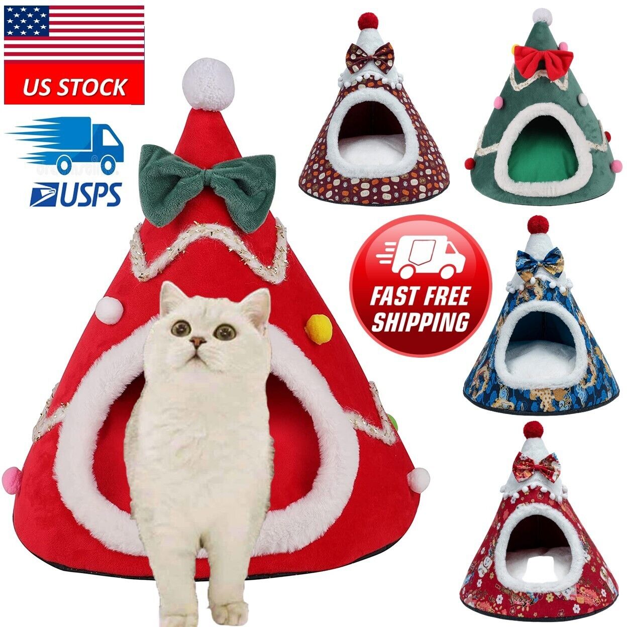 Christmas Tree Cat House Pet Bed Puppy Kennel Washable Mat Winter Warm Cat Nest