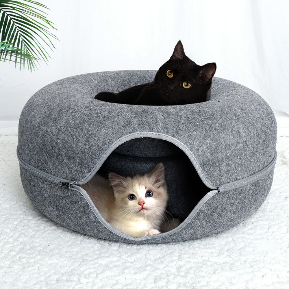 Small Pet Tunnel Cave Bed Donut Cat House Detachable Calming Round Felt Sleeping