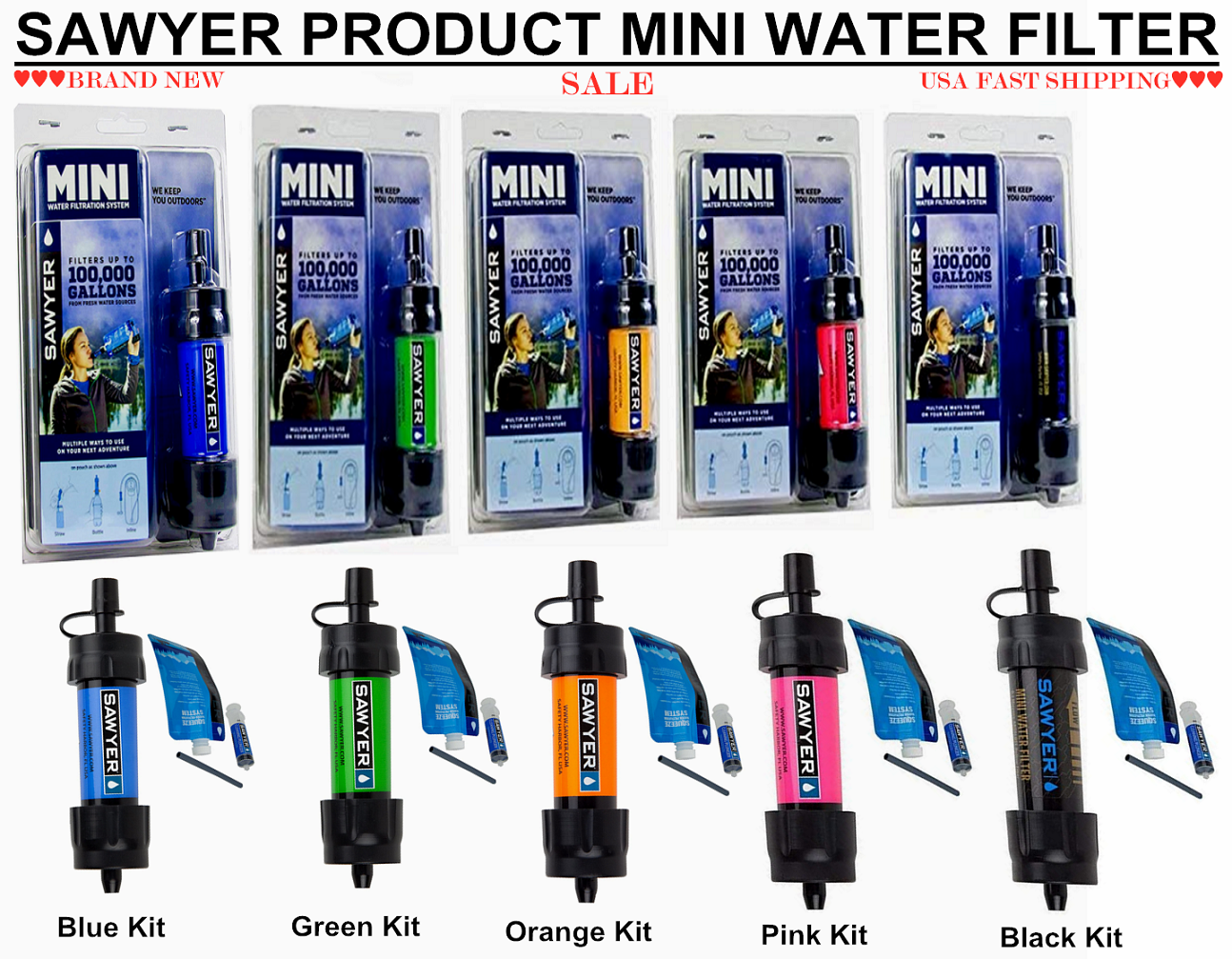 Sawyer Mini Water Filter Filtration System Blue / Orange / Green / Pink / Black