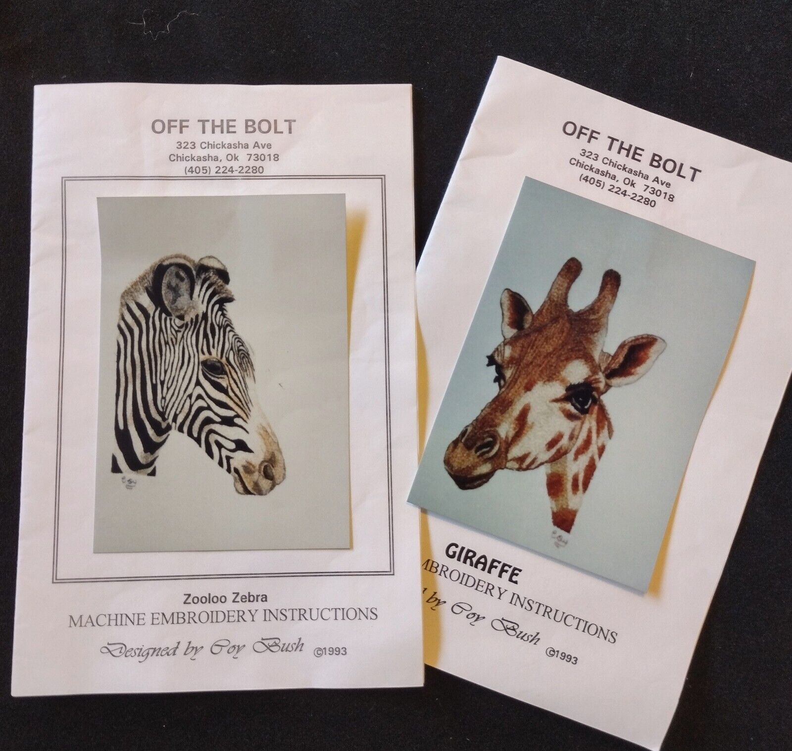 Off The Bolt ZEBRA and GIRAFFE Patterns, Machine Embroidery Instructions