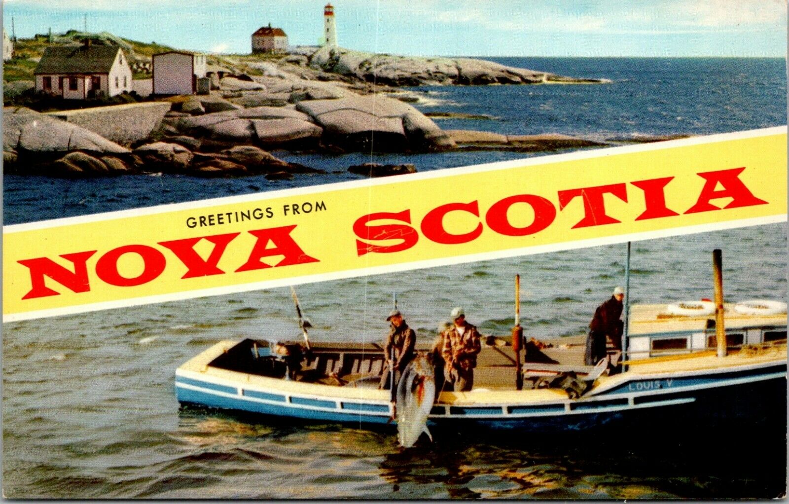 Vtg 1950's Greetings From Nova Scotia, Men In Boat Fish Fishing Postcard