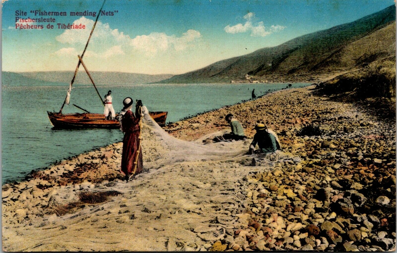 Vintage 1910's Fishermen Mending Their Nets In Boat, Fishing Themed Postcard