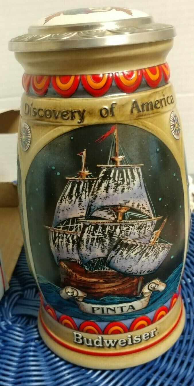New 1990 Budweiser Discovery Of America Pinta Lidded Beer Stein By Ceramarte