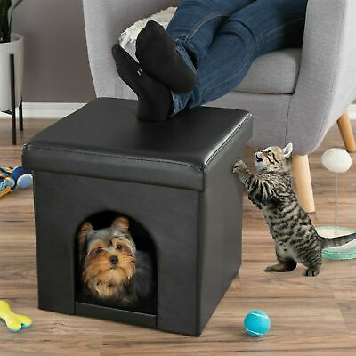 Pet House Ottoman Cat Dog Cube Footrest Faux Leather Interior Pillow 15 Inches