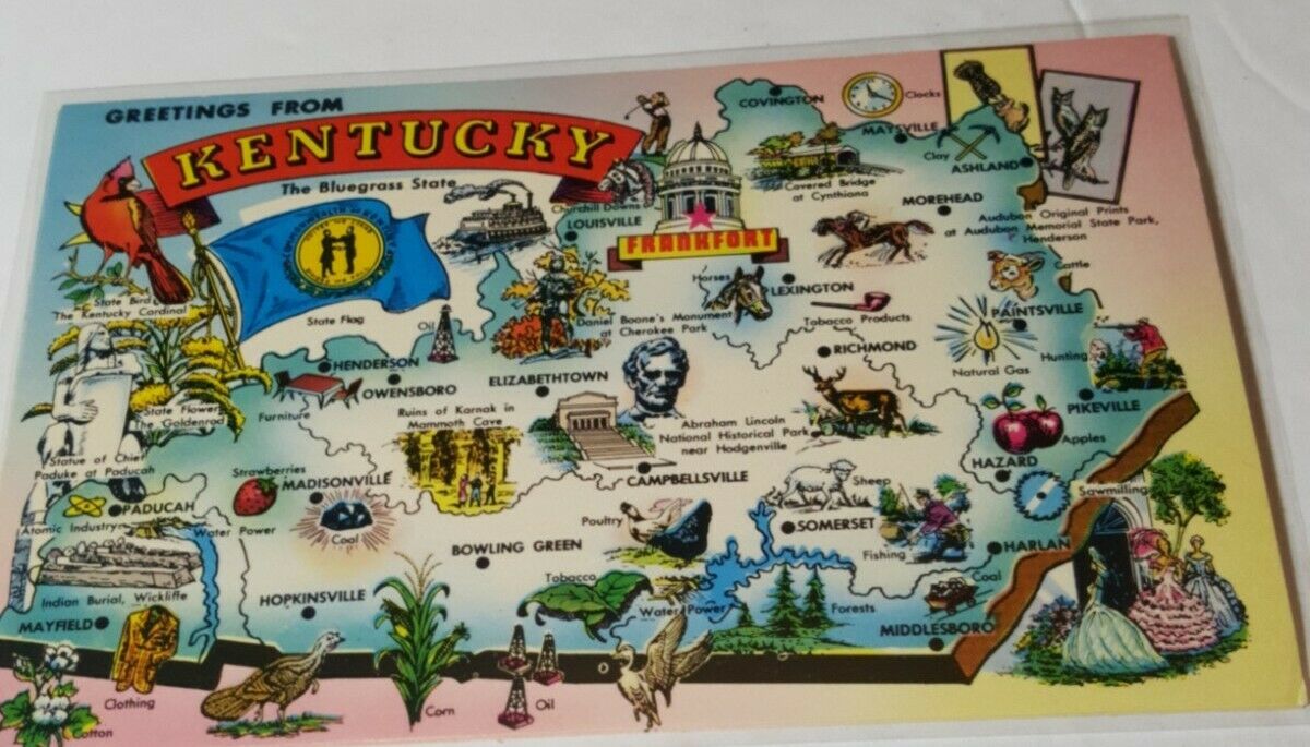 Vintage 1960s postcard GREETINGS FROM KENTUCKY state map tourism card