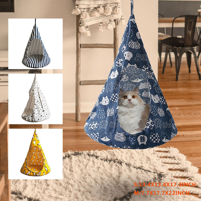 Pet Cat Tent Hammock Hanging House Bed Cone Shape Breathable Linen Cage Cov Ca
