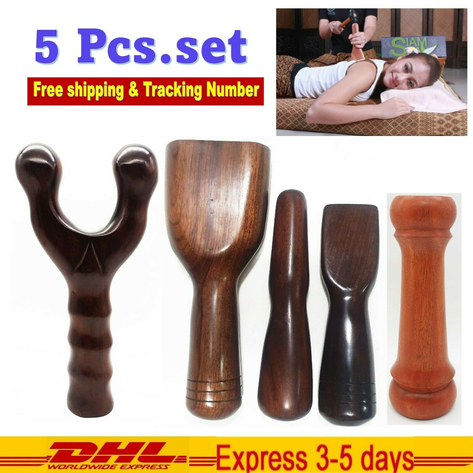 Tok Sen Set 2 Side 2 Prong Stick Add Hammer Massage Wood Full Body Muscle Thai
