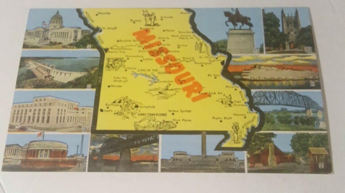 Vintage 1940's linen postcard MISSOURI  state map & 11 famous views tourist card