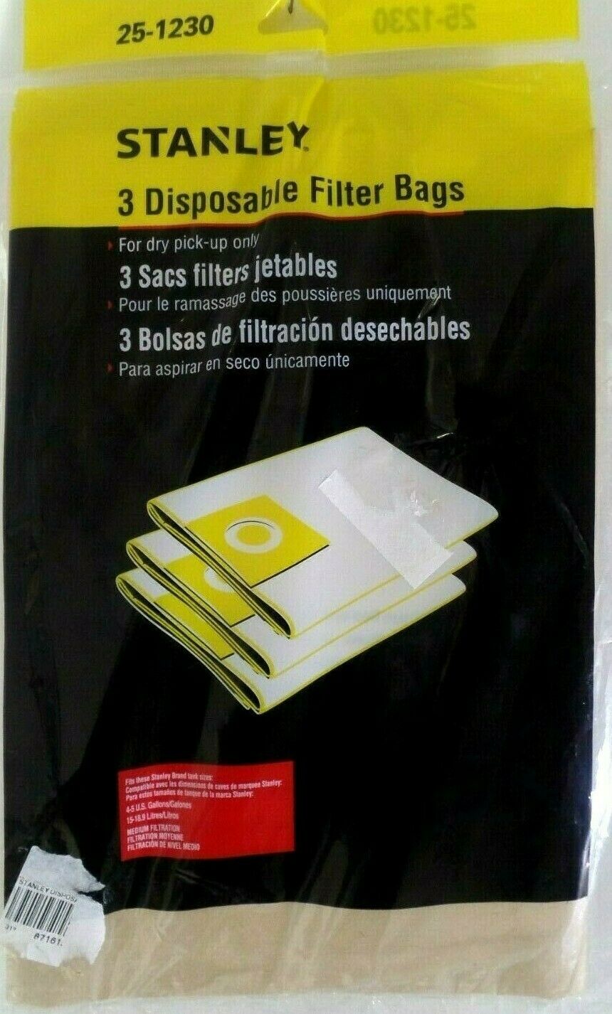 Stanley 25-1230 Disposable Filter Bag 3-pack  For 4-5 Gallon Vacs  *