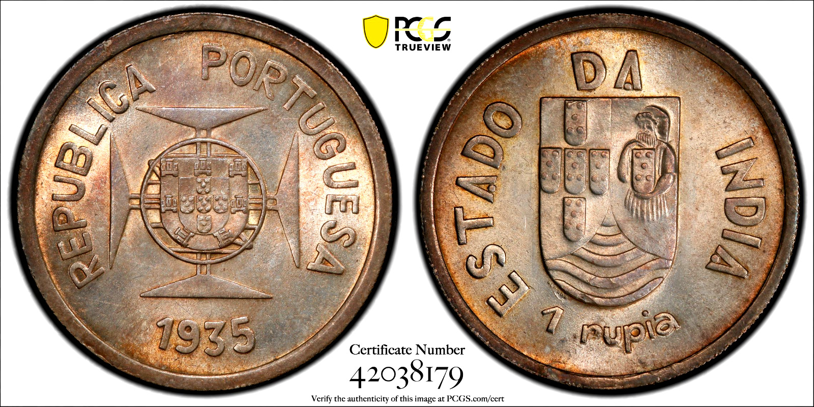 1935 Portuguese India, Rupia, Pcgs Ms 64