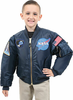 Kids Navy Blue NASA Space Shuttle MA-1 Bomber Flight Jacket Reversible Coat