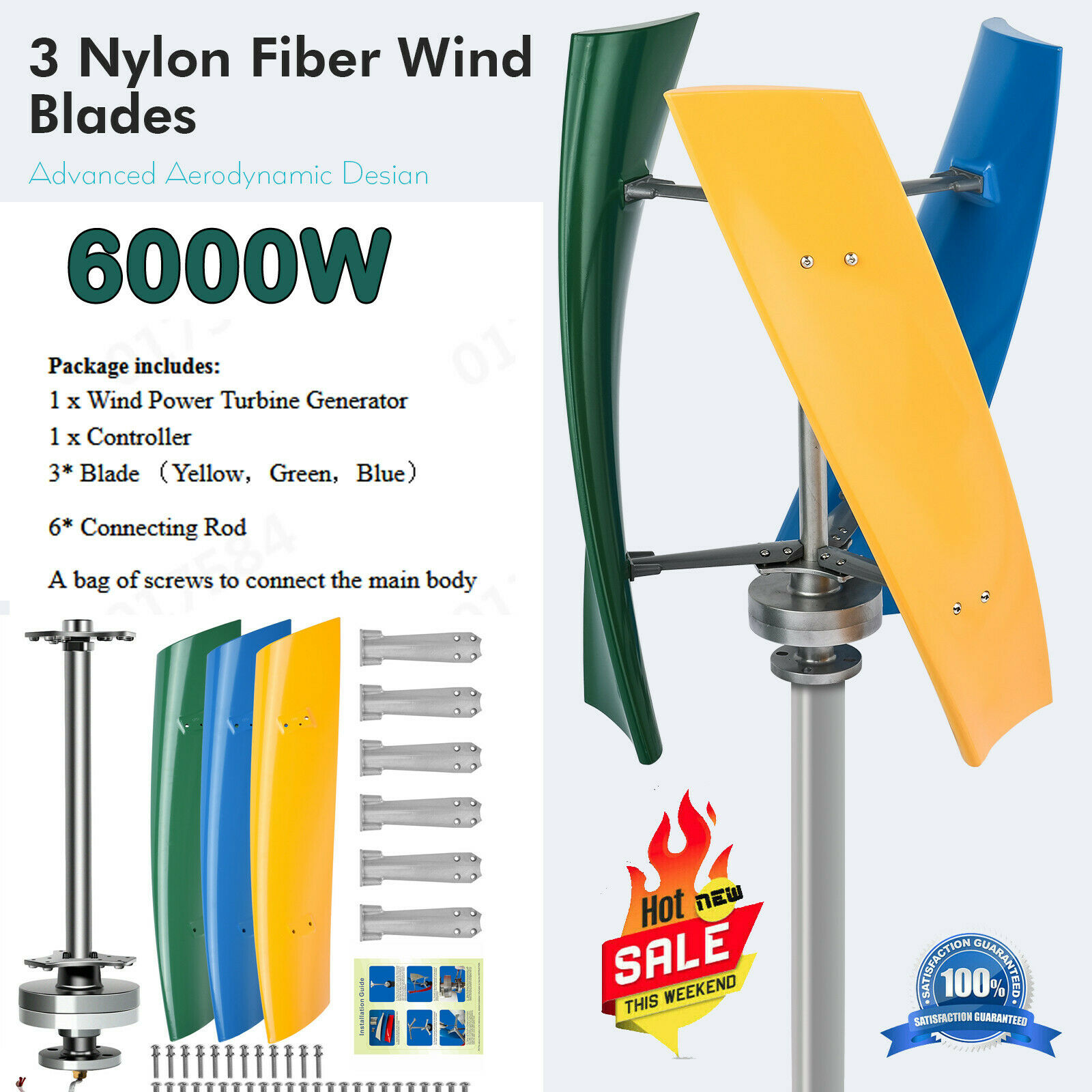 6000w/vertical Wind Power Turbine Generator Maglev Generator W/charge Controller