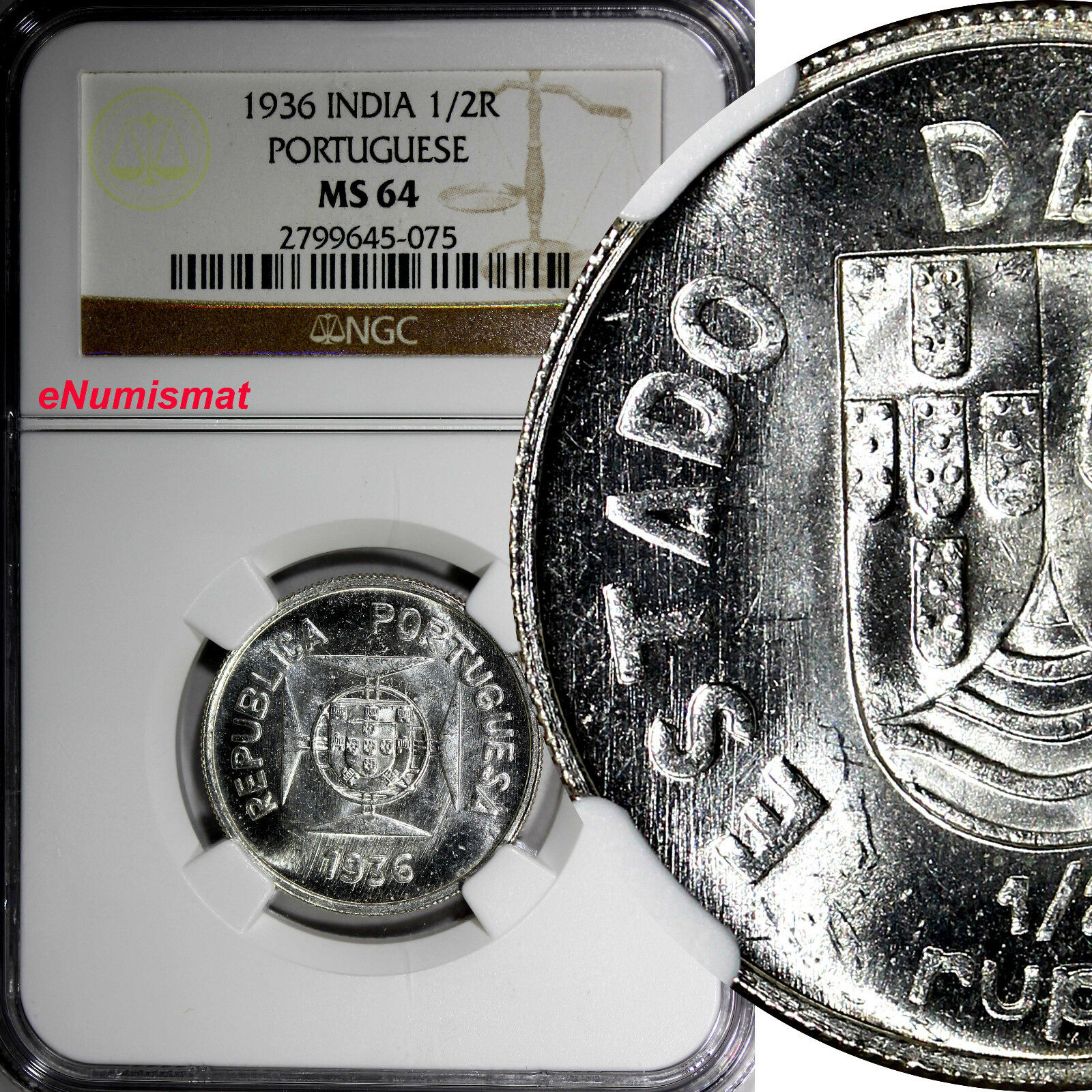 India-portuguese Silver 1936 1/2 Rupia Ngc Ms64 Mintage-100,000 Scarce Km# 23