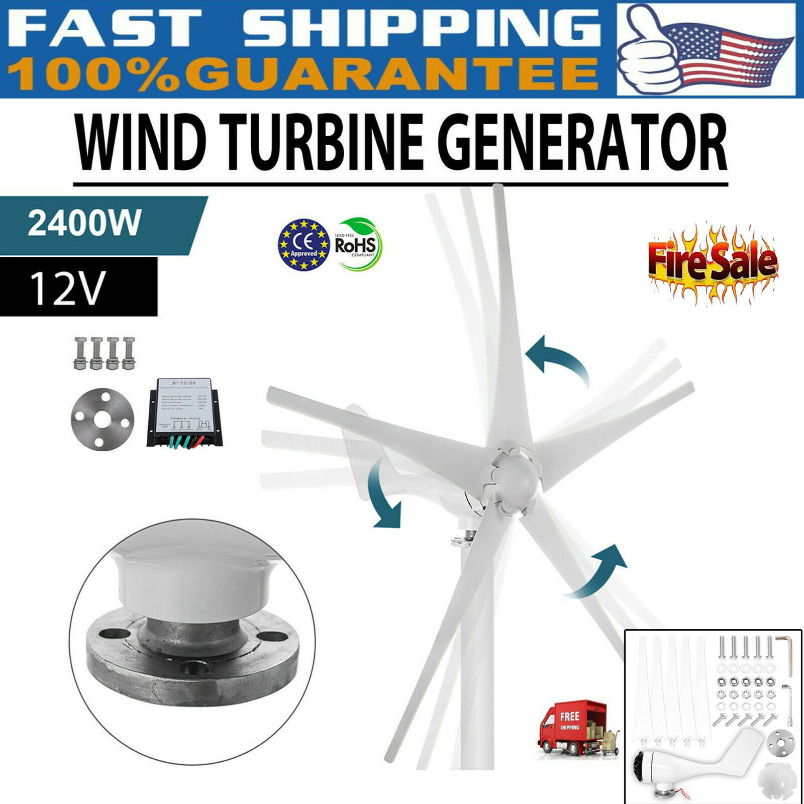 Unit 5 Blades Dc 12v With Power Charge Controller 2400w Wind Turbine Generator