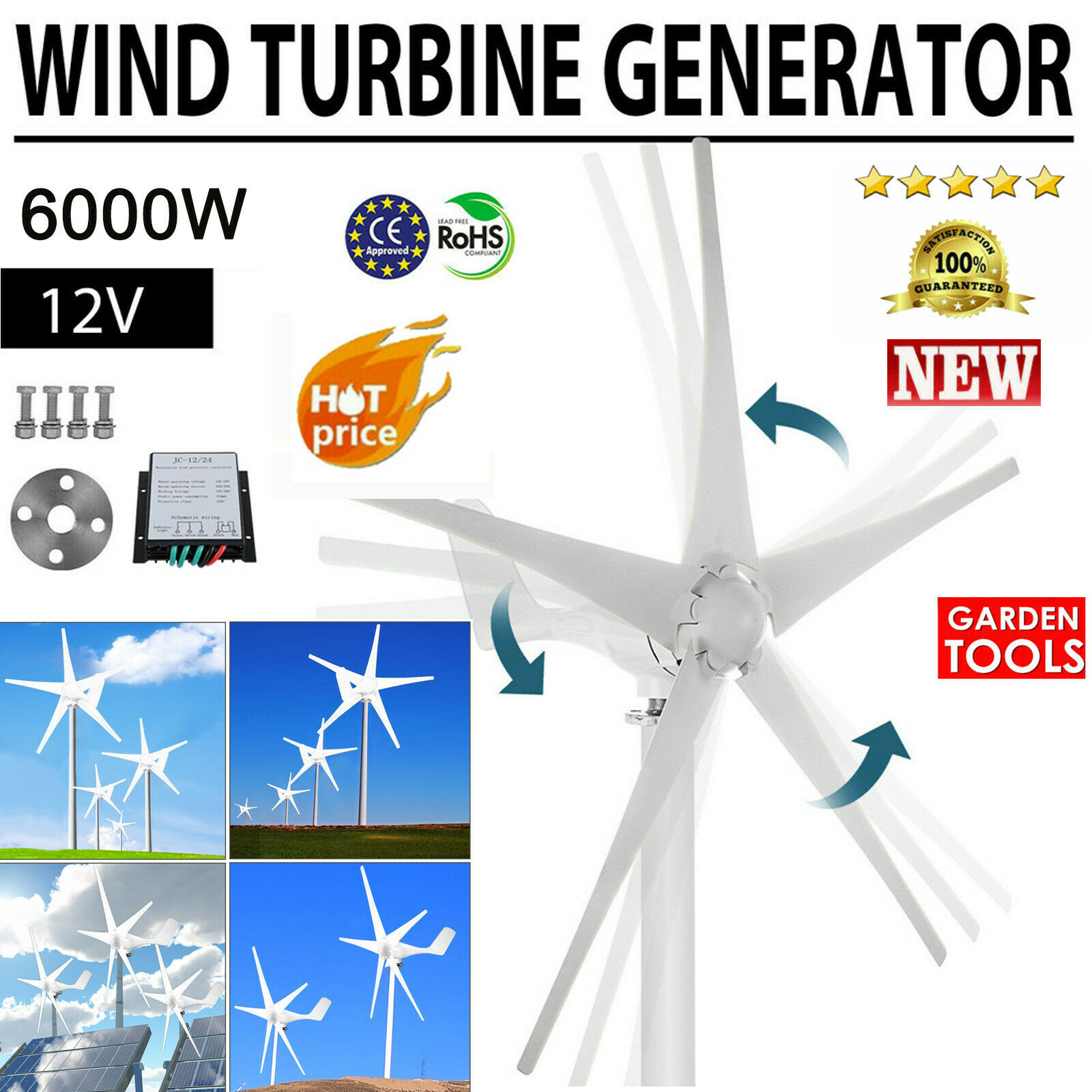 6000w Wind Turbine Generator Unit 5 Blades Dc 12v With Power Charge Controller